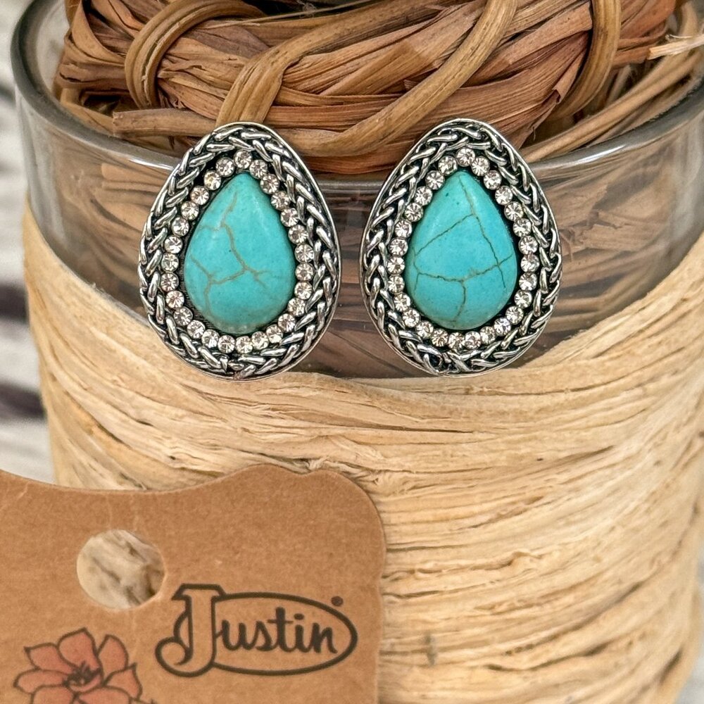 NEW *CLEARANCE* Justin Fashion Turquoise Teardrop Rhinestone Stud Earrings